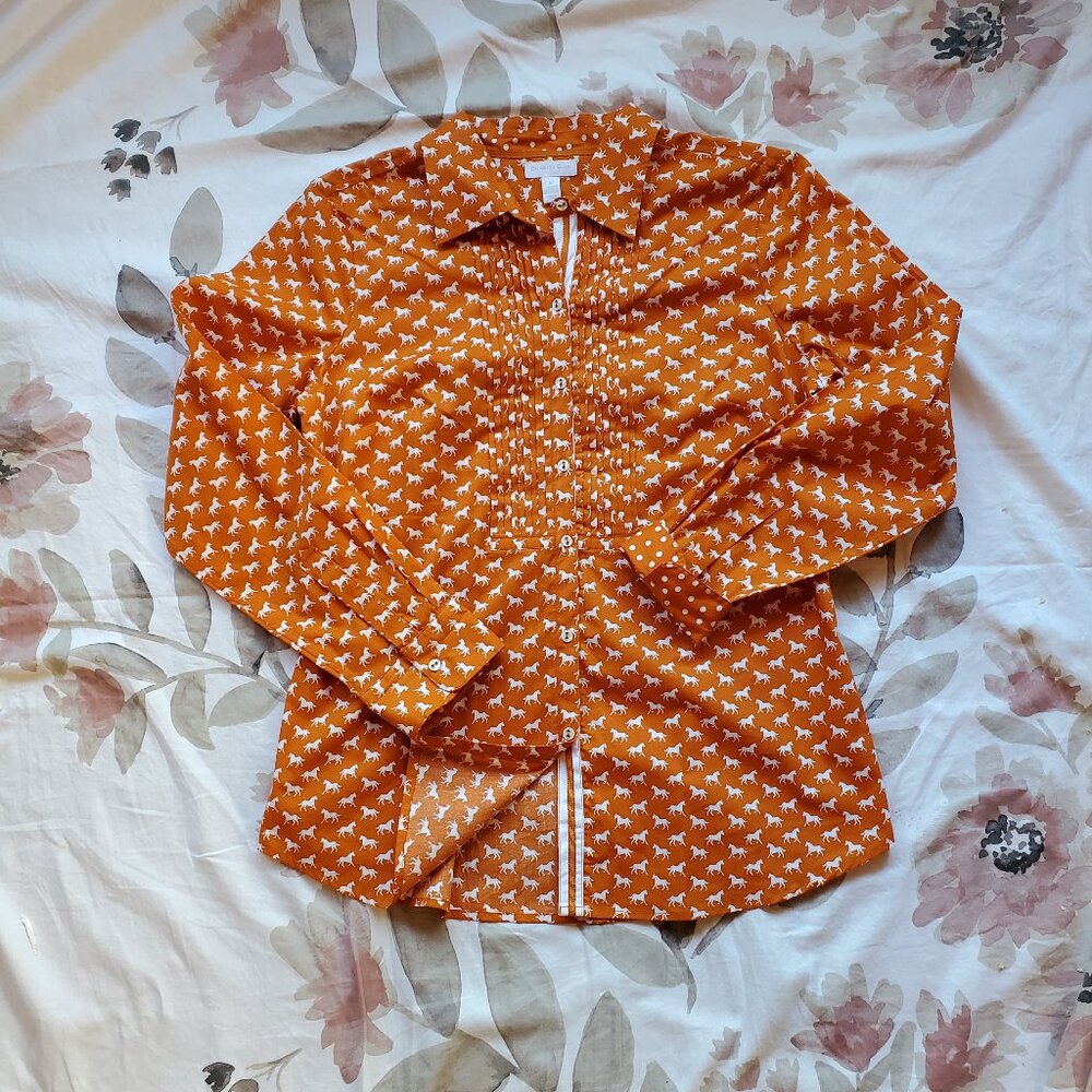 Charter Club women's size 12 horse print button down blouse collar pin tuck